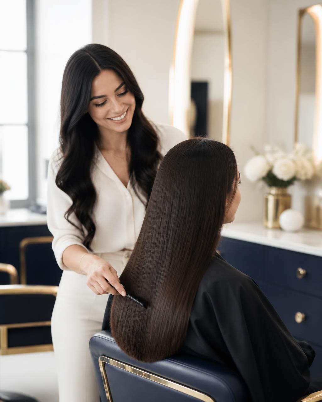 Hairstylist finishing a Nanoplastia service in a premium salon