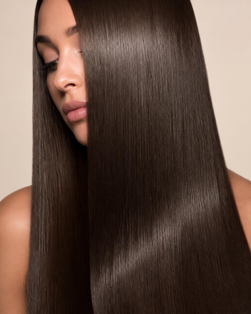 Close-up of glossy, aligned hair after a Nanoplastia service