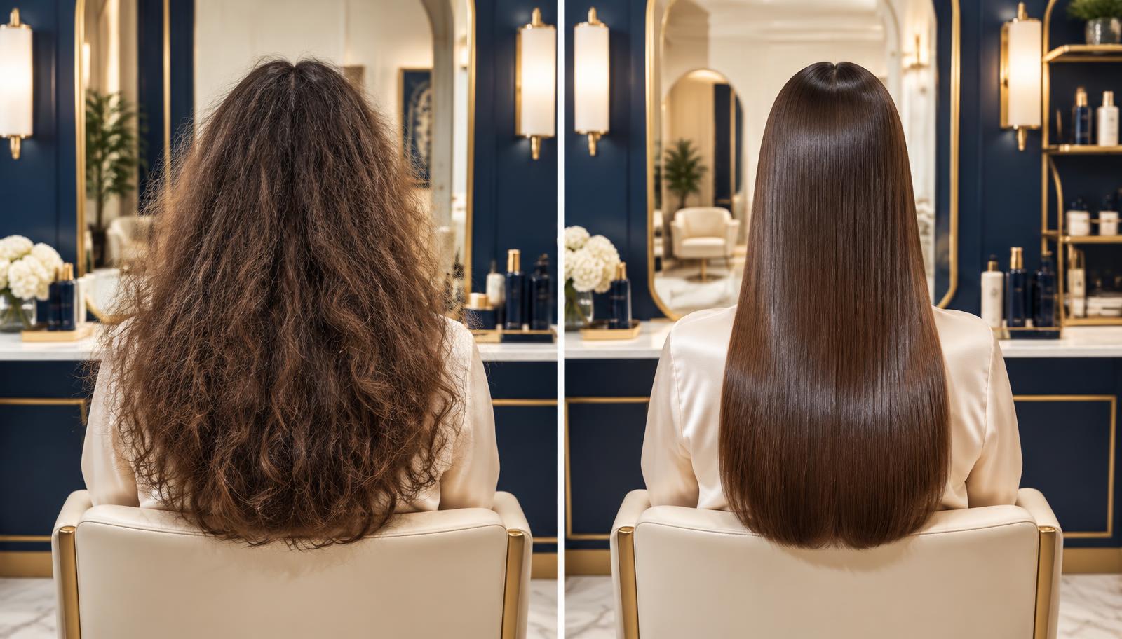 Frizzy hair before and sleek, shiny straight hair after a Nanoplastia