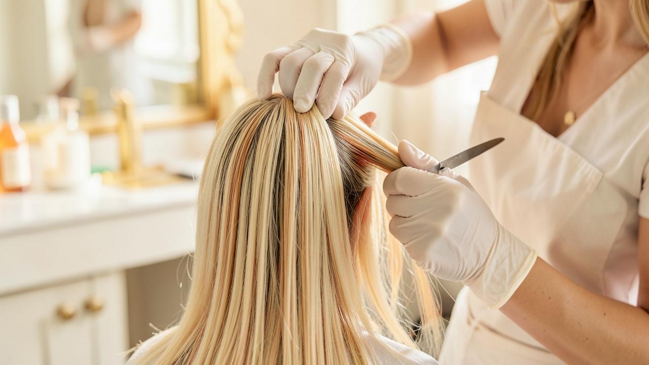 Stylist checking bleached and highlighted hair before a smoothing service