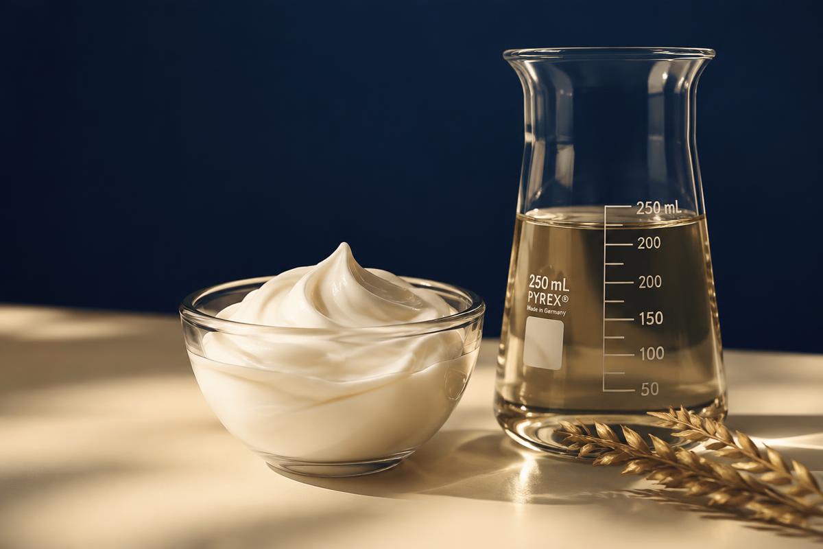 Professional smoothing cream in a glass bowl beside a laboratory beaker