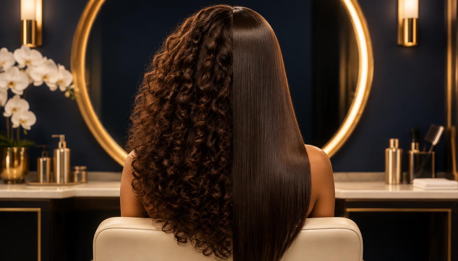 Woman from behind with half defined curls and half sleek straight hair after a salon smoothing service