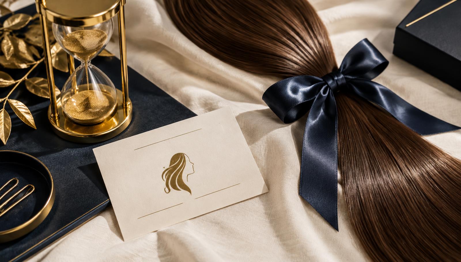 Gold hourglass next to an appointment card and a glossy straight lock of hair tied with a navy ribbon