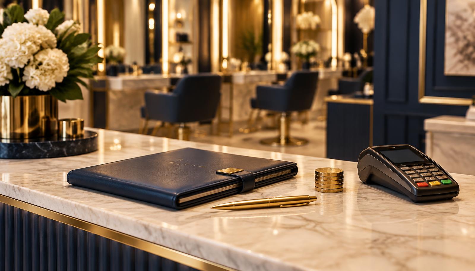 Navy leather appointment book, gold pen, coins and a card terminal on a marble salon reception desk