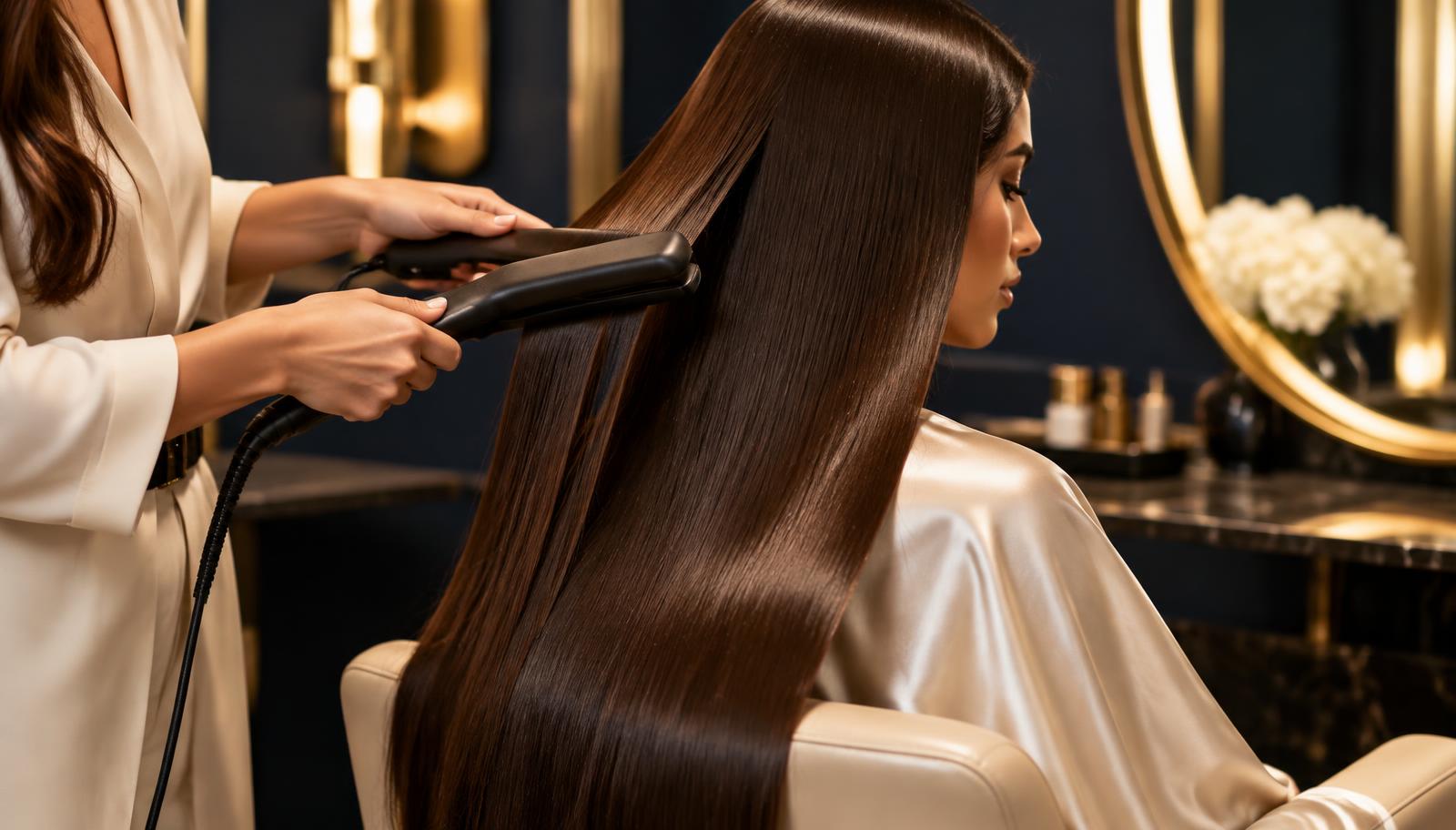 Stylist flat-ironing very long glossy brown hair in a navy and gold salon