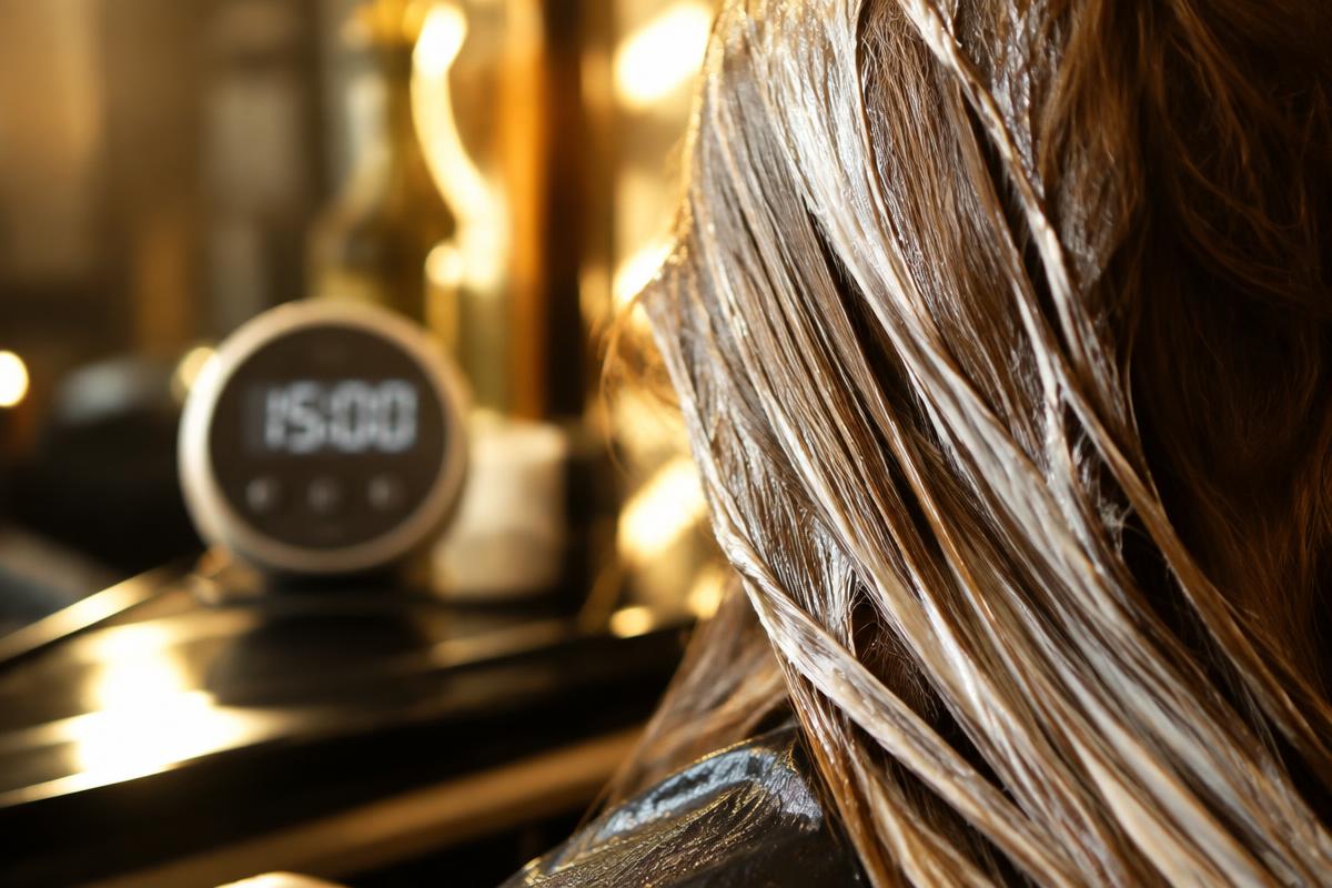 Hair strands saturated with smoothing cream beside a salon timer