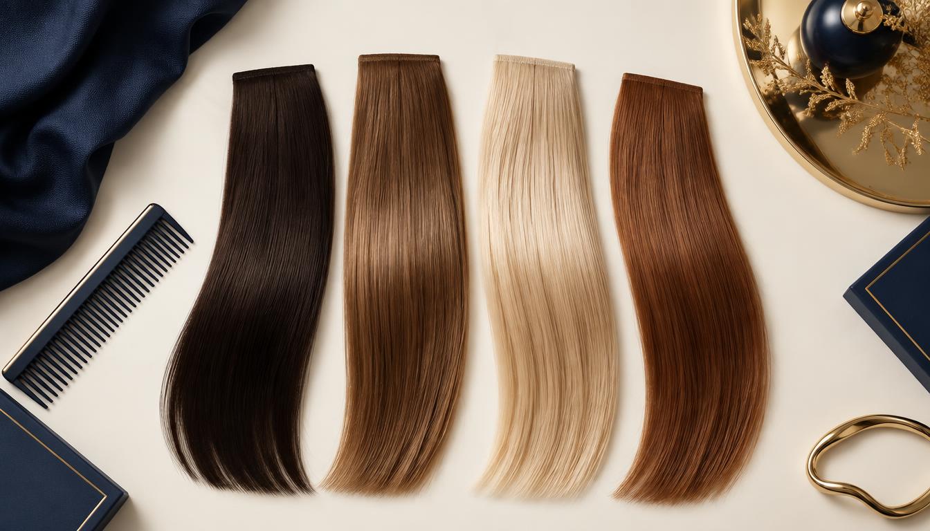 Four sleek straight hair swatches in different shades side by side