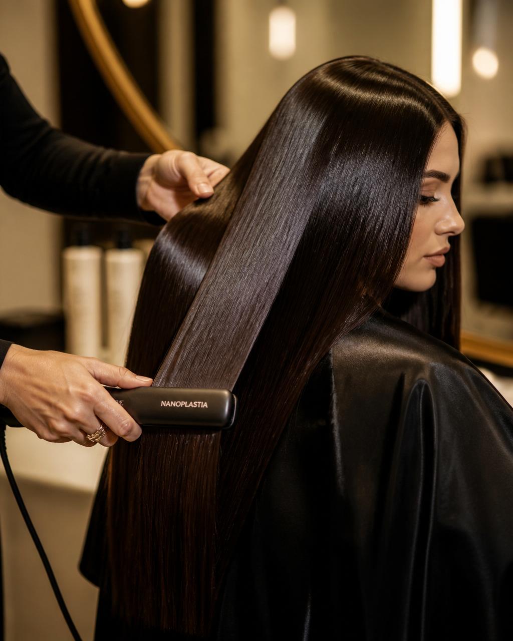 Hairstylist applying a Nanoplastia treatment on glossy, mirror-smooth hair