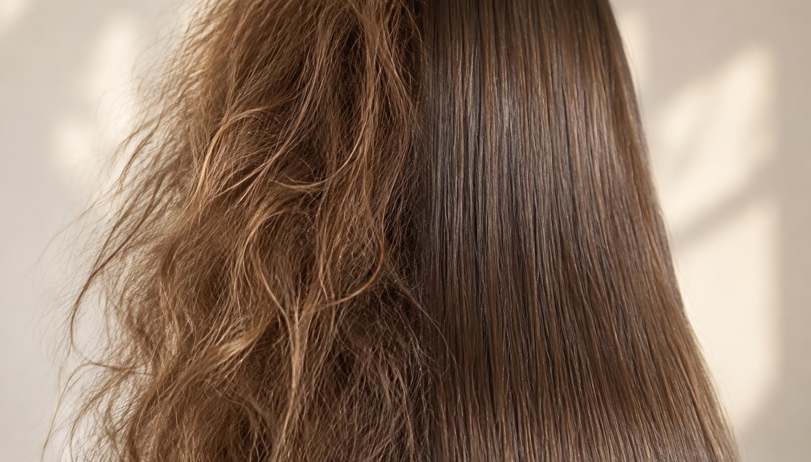 Close-up of hair showing frizzy, raised cuticle on one side and smooth, aligned fibre on the other